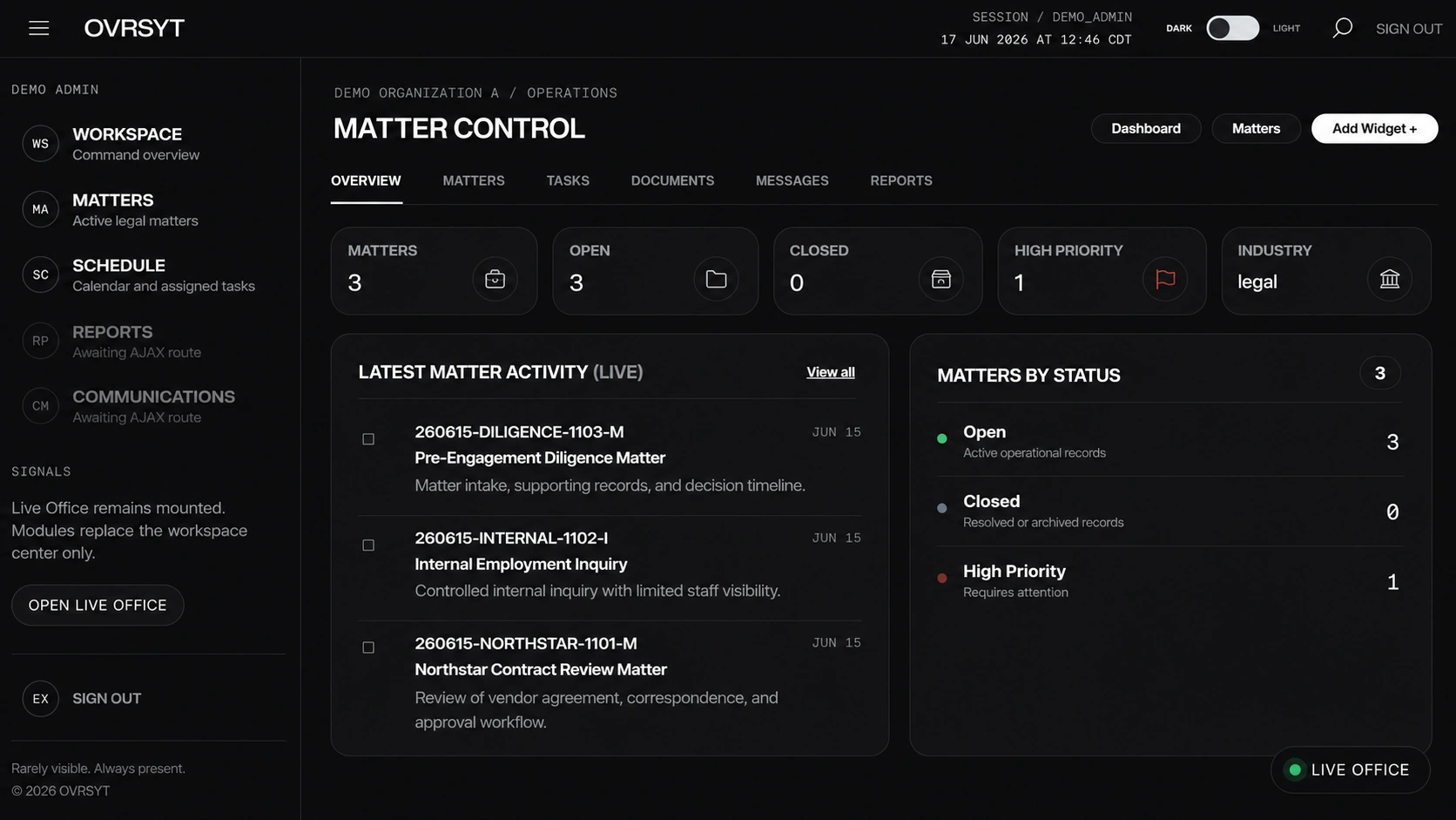 OVRSYT matter control dashboard