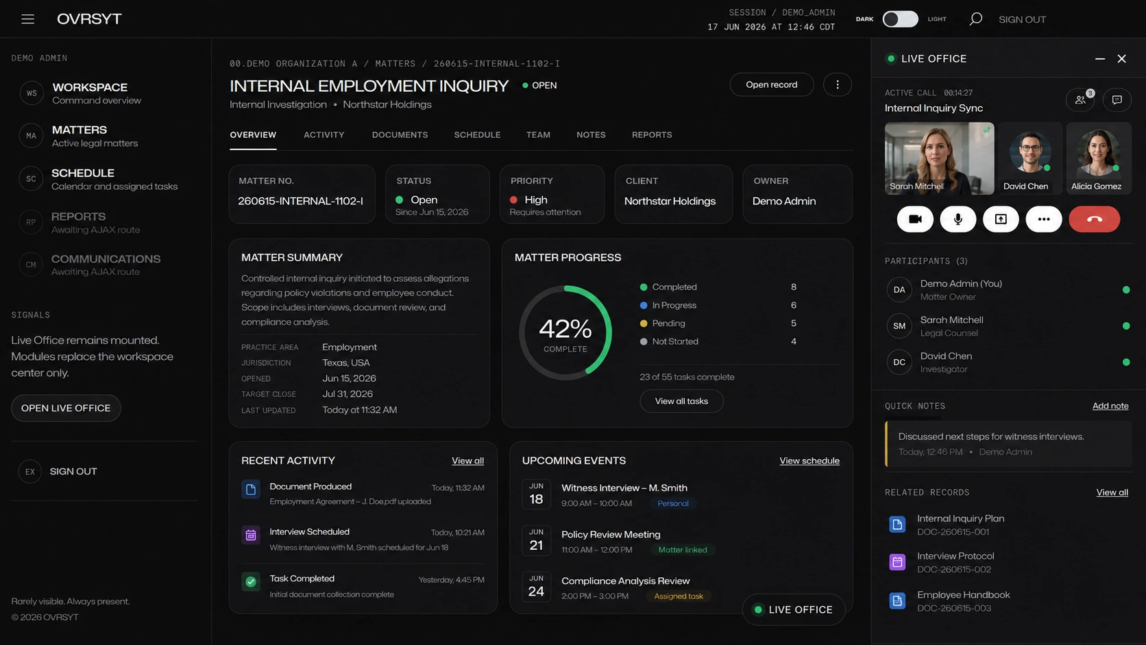 OVRSYT matter workspace with Live Office sidecar active